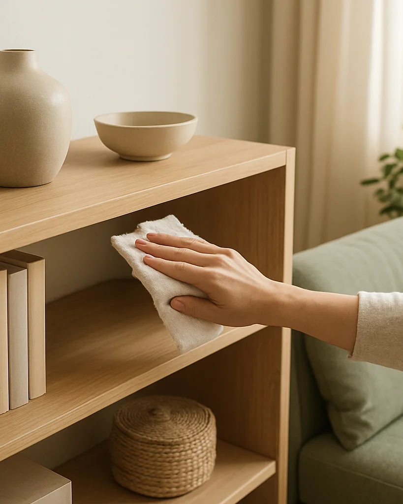 Gestes de rangement lumineux dans un salon ordinaire, mains essuy