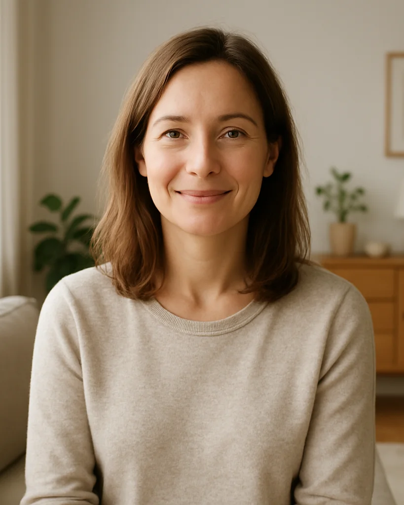 Portrait naturel d’une femme souriant doucement dans son salon lumineux, lumière douce de fenêtre, tons clairs et neutre