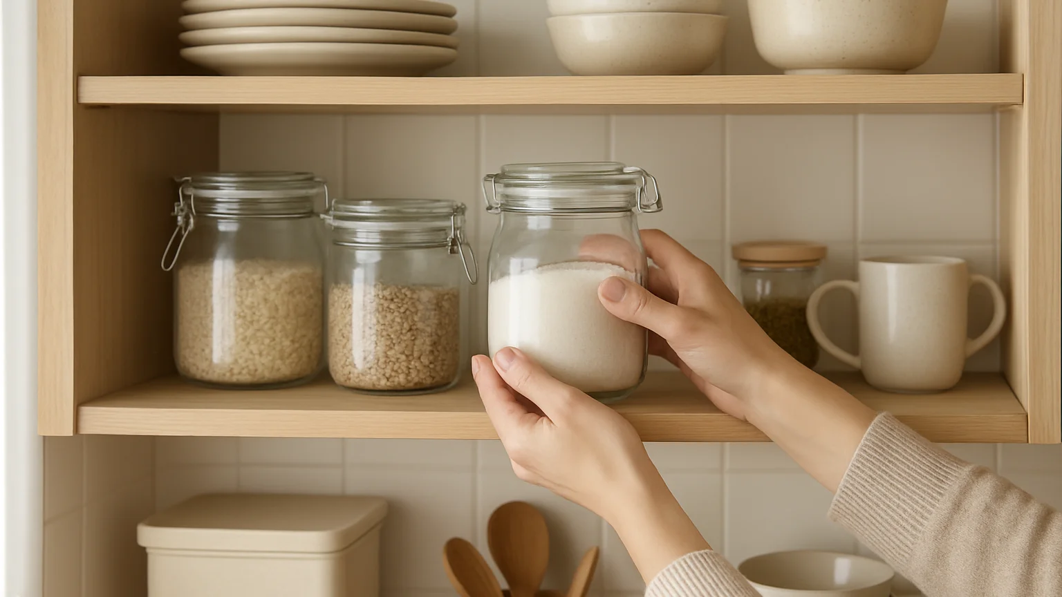 Un rangement soigné sur une étagère dans une cuisine ordinaire, lumière naturelle douce, cadrage rapproché sur les geste